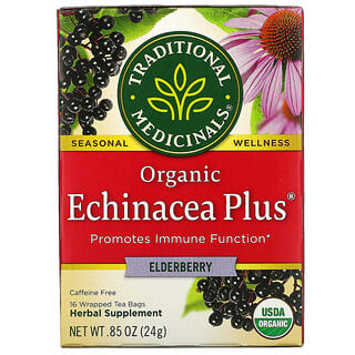 Traditional Medicinals, Organic Echinacea Plus, Elderberry, Caffeine Free, 16 Wrapped Tea Bags, .85 oz (24 g)