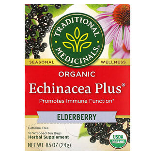 تراديشيونال ميديسينالز‏, Echinacea Plus العضوي، الخمان الأسود، خالٍ من الكافيين، ، 16 كيس شاي مُغلّف، 0.85 أونصة (24 جم)