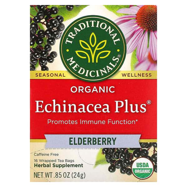 Traditional Medicinals, Organic Echinacea Plus, бузина, без кофеина, 16 чайных пакетиков в упаковке, 24 г (0,85 унции)