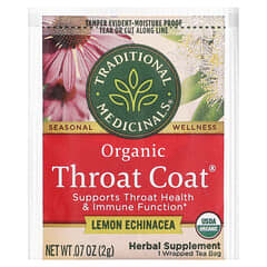 Traditional Medicinals, Organic Throat Coat, Lemon Echinacea, Caffeine Free, 16 Wrapped Tea Bags, 1.13 oz (32 g)