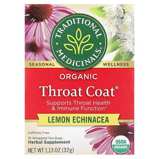 Traditional Medicinals, Organic Throat Coat, Lemon Echinacea, Caffeine Free, 16 Wrapped Tea Bags, 1.13 oz (32 g)