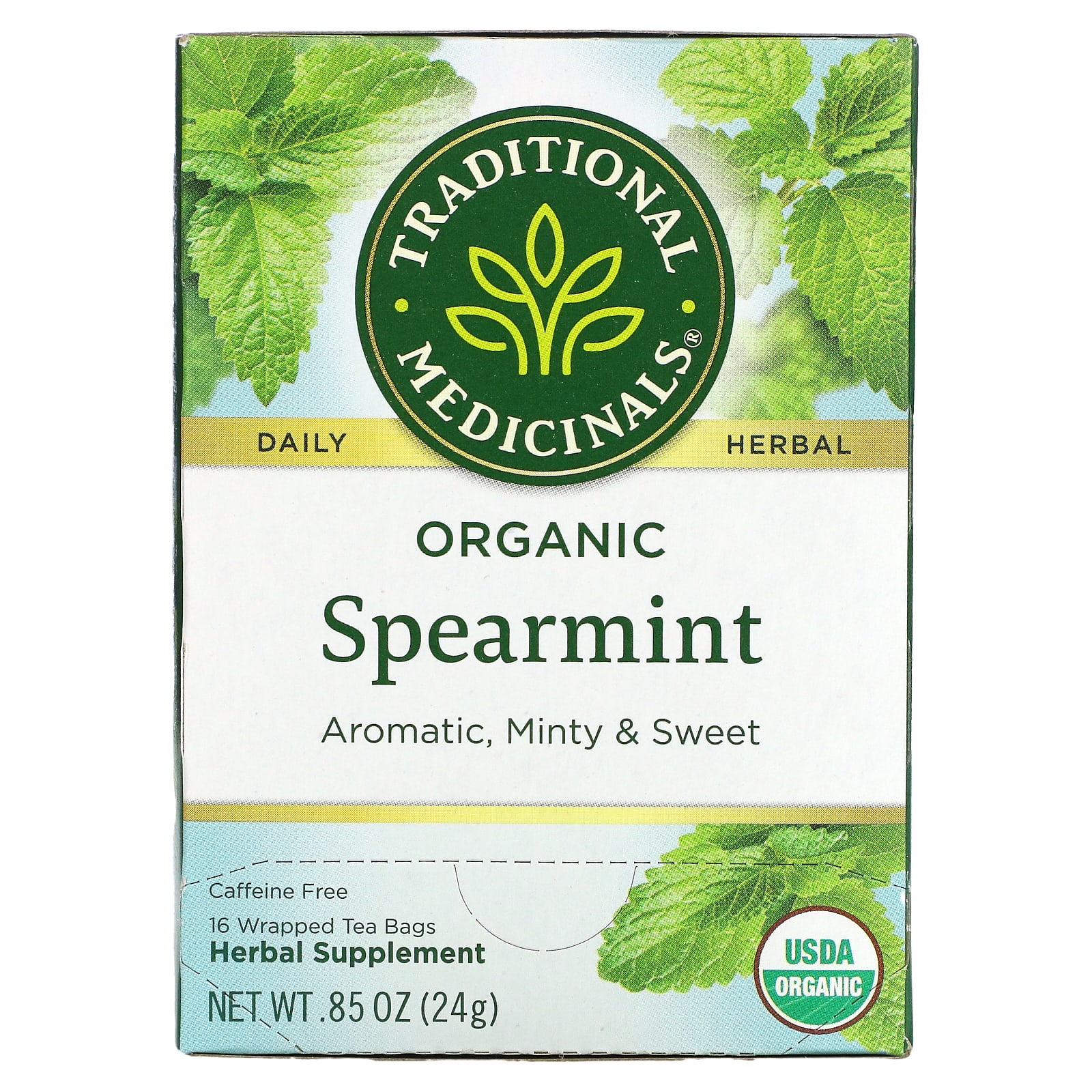 Traditional Medicinals, Organic Spearmint, Caffeine Free, 16 Wrapped Tea  Bags,  oz (24 g)