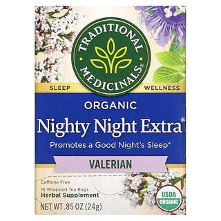 Traditional Medicinals, Nighty Night Extra, Té orgánico que promueve un buen descanso nocturno, Valeriana, 16 bolsitas de té en envases individuales, 24 g (0,85 oz)