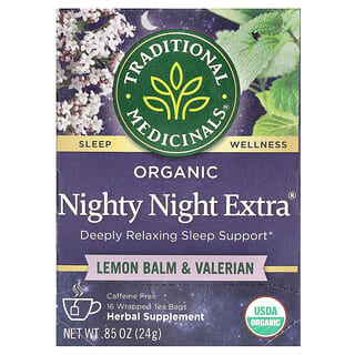 Traditional Medicinals, Nighty Night extra orgánico, Toronjil y valeriana, Sin cafeína, 16 bolsitas de té en envoltorios individuales, 24 g (0,85 oz)