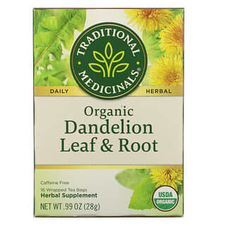 Traditional Medicinals, Tés de hierbas, Té de raíz y hoja de diente de león orgánico, Naturalmente sin cafeína, 16 bolsitas de té envueltas, 28 g (0,99 oz)