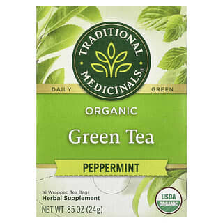 تراديشيونال ميديسينالز‏, شاي أخضر عضوي ، نعناع ، 16 كيس شاي ، 0.85 أونصة (24 جم)