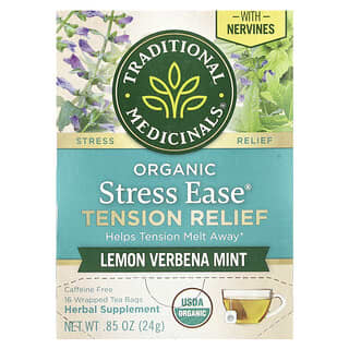 تراديشيونال ميديسينالز‏, Organic Stress Ease® لتخفيف التوتر ، بالليمون والنعناع ، خالٍ من الكافيين ، 16 كيس شاي مغلف ، 0.85 أونصة (24 جم)