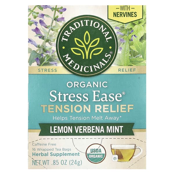 Organic Stress Ease® Tension Relief, Lemon Verbena Mint, Caffeine Free, 16 Wrapped Tea Bags, 0.85 oz (24 g)