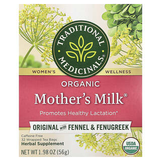 تراديشيونال ميديسينالز‏, Mother's Milk®‎ العضوي، منتج أصلي مع الشمرة الشائعة ونبات الحلبة، خالٍ من الكافيين، 32 كيس شاي مغلّف، 1.98 أونصة (56 جم)