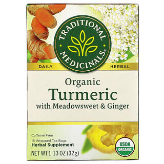 Traditional Medicinals, Organic Turmeric with Meadowsweet & Ginger, Caffeine Free, 16 Wrapped Tea Bags, 1.13 oz (32 g)
