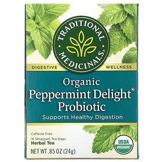 Traditional Medicinals, Organic Peppermint Delight Probiotic, Caffeine Free, 16 Wrapped Tea Bags, .85 oz (24 g)