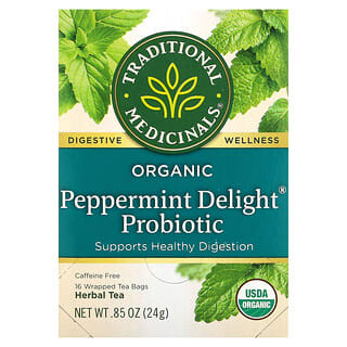Traditional Medicinals, Organic Peppermint Delight Probiotic, Caffeine Free, 16 Wrapped Tea Bags, 0.05 oz (1.5 g) Each