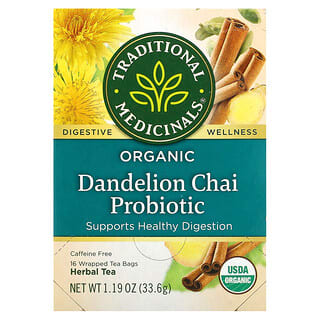 Traditional Medicinals, Organic Dandelion Chai Probiotic, Caffeine Free, 16 Wrapped Tea Bags, 0.07 oz (2.1 g) Each