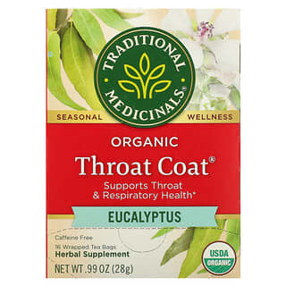 Traditional Medicinals, Organic Throat Coat, Eucalyptus, Caffeine Free, 16 Wrapped Tea Bags, .99 oz (28 g)