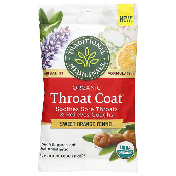 Traditional Medicinals, 유기농 Throat Coat® 드롭, 스위트 오렌지 회향, 멘톨 16회 기침 드롭