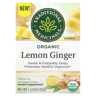 Traditional Medicinals, Herbal Teas, Organic Lemon Ginger, Caffeine Free, 16 Wrapped Tea Bags, 1.13 oz (32 g)
