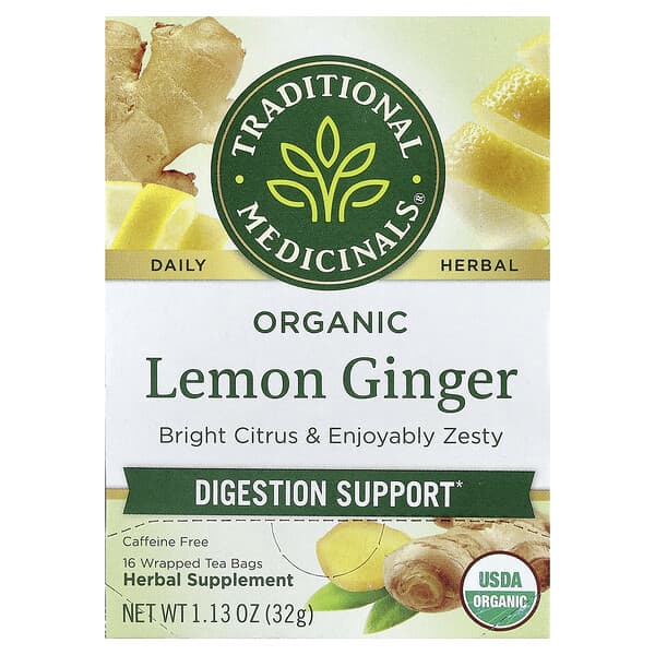 Organic Lemon Ginger, Caffeine Free, 16 Wrapped Tea Bags, 1.13 oz (32 g)