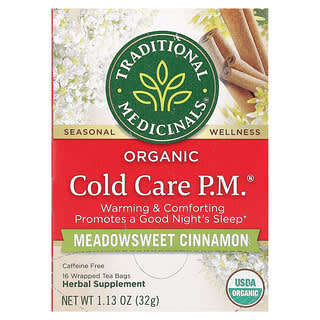 Traditional Medicinals, Organic Cold Care PM、メドウスイートシナモン、カフェインフリー、個包装ティーバッグ16袋、各32g（1.13オンス）