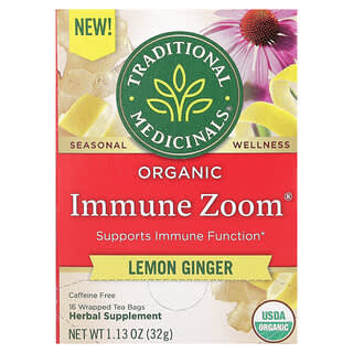 Traditional Medicinals‏, Organic Immune Zoom, לימון ג'ינג'ר, נטול קפאין, 16 שקיקי תה עטופים, 32 גרם (1.13 אונקיות)