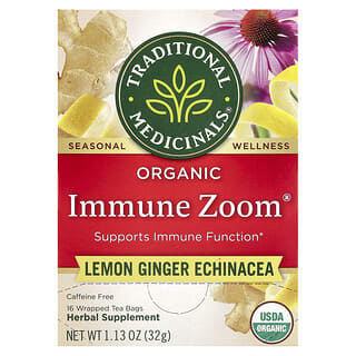 Traditional Medicinals, Organic Immune Zoom®, Lemon Ginger Echinacea, Caffeine Free, 16 Wrapped Tea Bags, 1.13 oz (32 g)