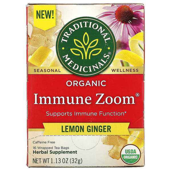 Traditional Medicinals, Zoom Imunológico Orgânico, Gengibre e Limão, Sem Cafeína, 16 Sacos de Chá Embalados, 32 g (1,13 oz)