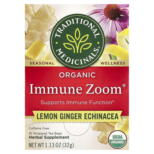 Organic Immune Zoom®, Lemon Ginger Echinacea, Caffeine Free, 16 Wrapped Tea Bags, 1.13 oz (32 g)