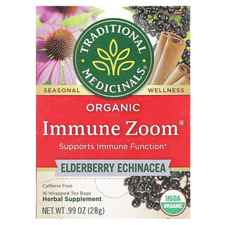 Traditional Medicinals, Organic Immune Zoom, Elderberry Echinacea, Caffeine Free, 16 Wrapped Tea Bags, 0.99 oz (28 g)