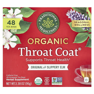 تراديشيونال ميديسينالز‏, Organic Throat Coate® ، أصلي مع الدردار الأحمر ، خالٍ من الكافيين ، 48 كيس شاي مغلف ، 3.38 أونصة (96 جم)