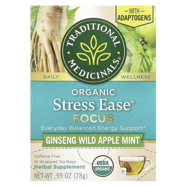 Organic Stress Ease® Focus, Ginseng Wild Apple Mint, Caffeine Free, 16 Wrapped Tea Bags, 0.99 oz (28 g)