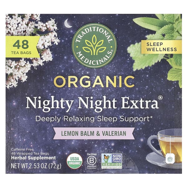 Traditional Medicinals, Nighty Night Extra® 有機檸檬香蜂草和纈草，無咖啡萃取，48 獨立茶包，2.53 盎司（72 克）