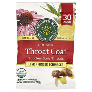 تراديشيونال ميديسينالز‏, Organic Throat Coate® ، القنفذية والزنجبيل والليمون ، 30 قرص استحلاب