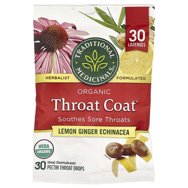 Traditional Medicinals, Organic Throat Coat® Drops, 레몬생강 에키네시아, 펙틴 목 드롭 30정