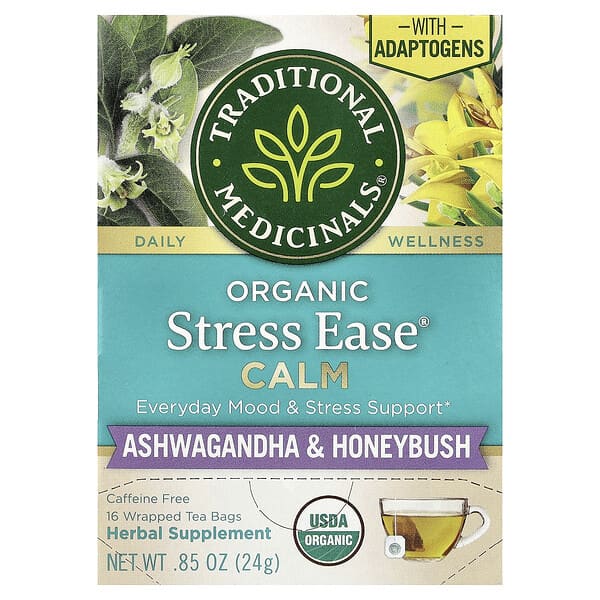 Organic Stress Ease® Calm, Ashwagandha & Honeybush, Caffeine Free, 16 Wrapped Tea Bags, 0.85 oz (24 g)