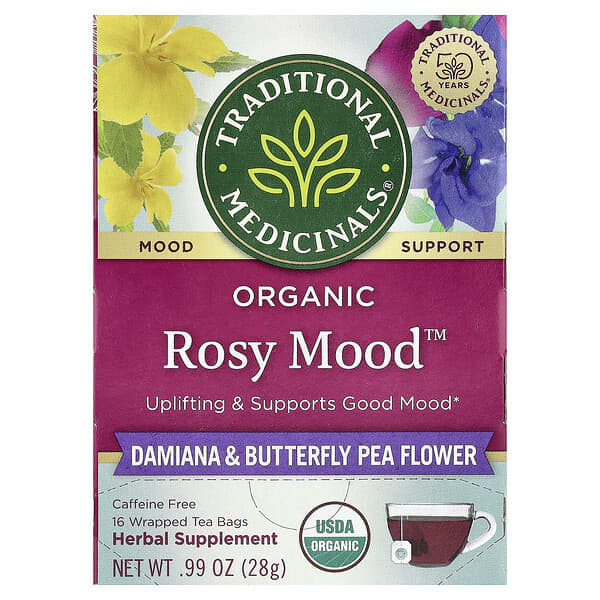 Traditional Medicinals, 유기농 Rosy Mood™, 다미아나 & 나비완두콩꽃, 카페인 무함유, 포장 티백 16개, 28g(0.99oz)