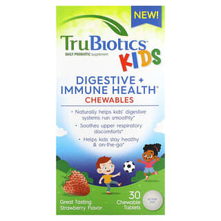 TruBiotics, Cápsulas Mastigáveis para Crianças, Saúde Digestiva e Imunológica, Morango, 30 Comprimidos Mastigáveis