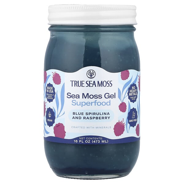 True Sea Moss, 바다 이끼 젤 슈퍼 푸드, 블루 스피룰리나 및 라즈베리, 473ml(16fl oz)