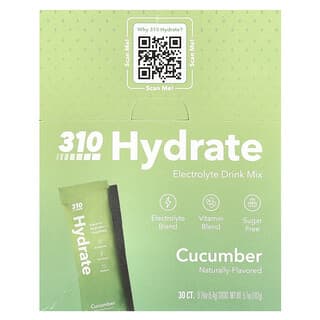 310 Nutrition, Hydrate, Electrolyte Drink Mix, Cucumber, 30 Sticks, 0.19 oz (5.4 g) Each
