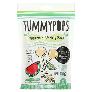 Tummydrops, ペパーミント バラエティーパック、ヒント オブ ライム、ウォーターメロン＆バニラ、ポップキャンディ21本