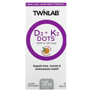 Twinlab, D3 Dots + K2, All-Natural Tangerine, 1000 IU (25 mcg) , 60 Tablets