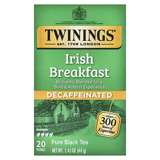 Twinings‏, תה שחור טהור, Irish Breakfast, נטול קפאין, 20 שקיקי תה, 1.41 אונקיות (40 גרם)