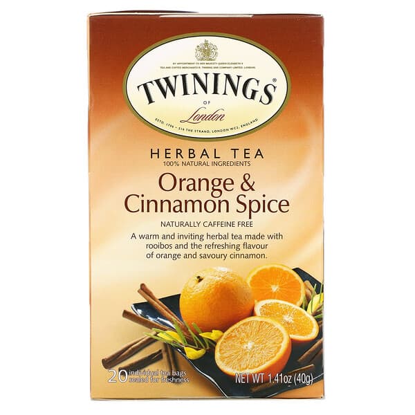 Twinings, Té de hierbas, naranja y canela, naturalmente sin cafeína, 20 bolsitas de té individuales, 1.41 oz (40 g)