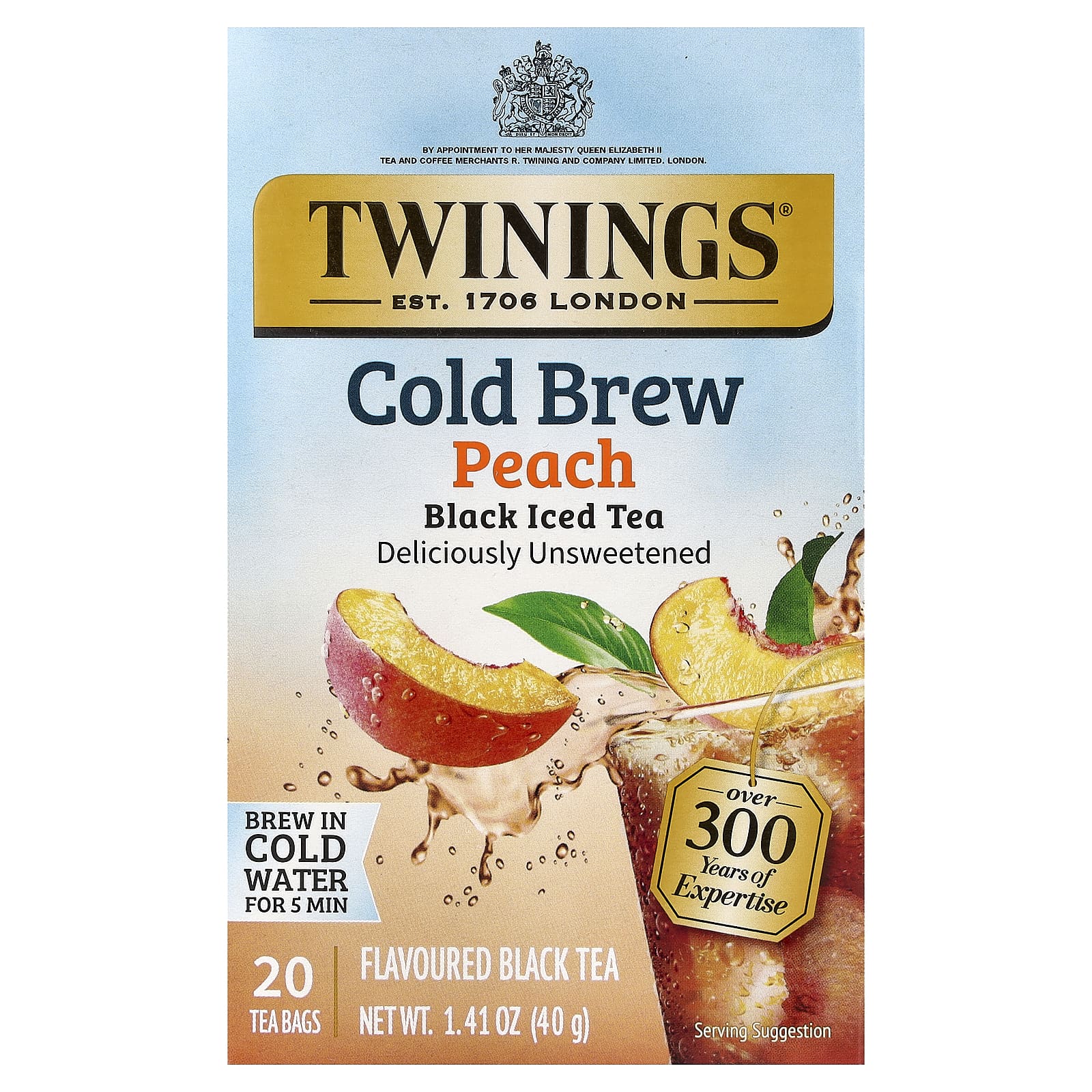 Cold Brewed Iced Tea, Black Tea, Peach, Unsweetened, 20 Tea Bags