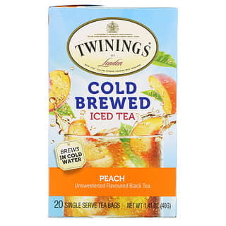Twinings, ชาสกัดสำหรับชงเย็น ชาดำไม่เติมสารให้ความหวาน รสพีช บรรจุชา 20 ถุง ขนาด 1.41 ออนซ์ (40 ก.)