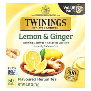 Twinings, Té de hierbas, Limón y jengibre, Sin cafeína, 50 bolsitas de té, 75 g (2,65 oz)