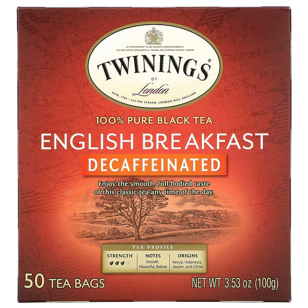 Twinings, 英式早餐，红茶，脱因，50 茶包，3.53 盎司（100 克）