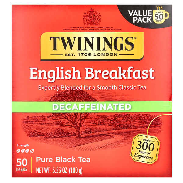 Twinings, 英式早餐，紅茶，脫因，50 茶包，3.53 盎司（100 克）