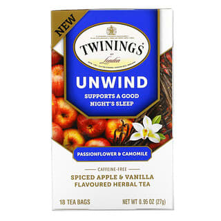 Twinings, Unwind Herbal Tea, Passionflower & Chamomile, Spiced Apple & Vanilla, Caffeine Free, 18 Tea Bags, 0.95 oz (27 g)