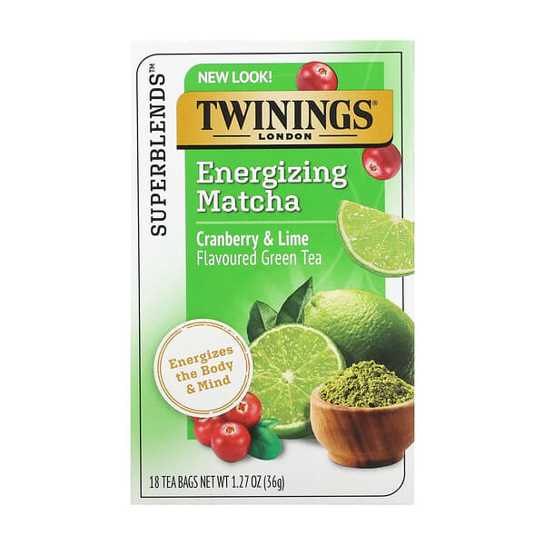 Twinings, Energize Green Tea，抹茶，蔓越橘和酸橙，18 個茶包，1.27 盎司（36 克）