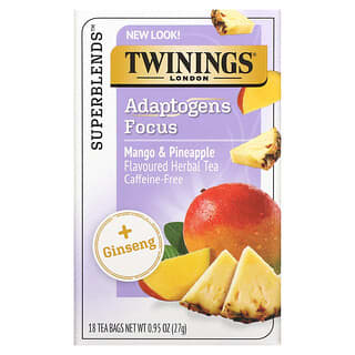 Twinings, Tisane Focus, Ginseng, mangue et ananas, Sans caféine, 18 sachets de thé, 27 g