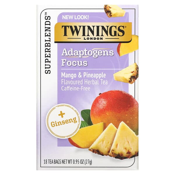 Twinings, Focus Herbal Tea，人參、芒果和鳳梨味，無因，18 個茶包，0.95 盎司（27 克）